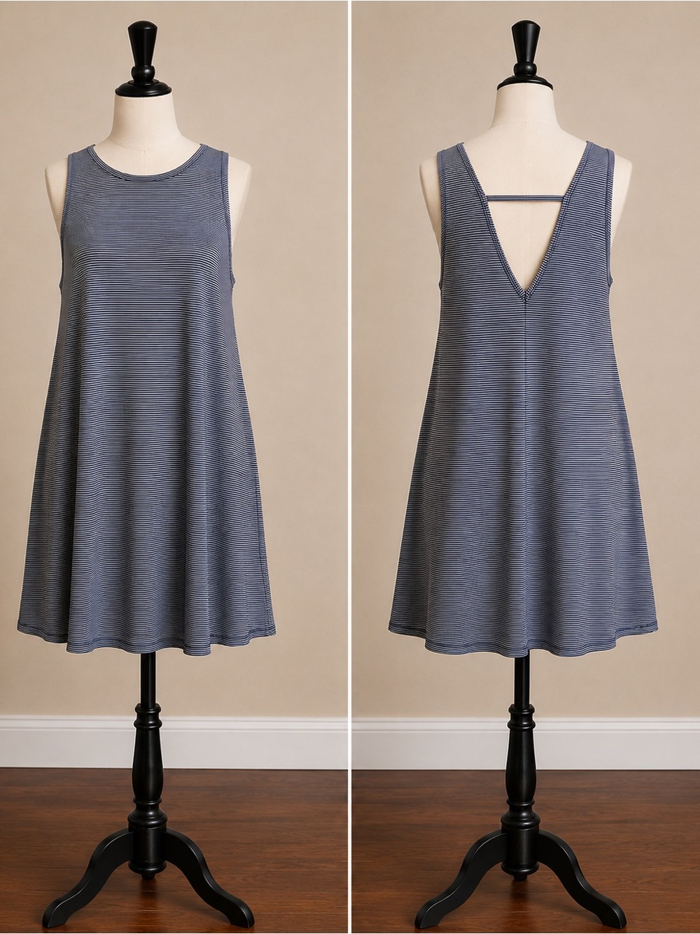 Striped Navy Swing Back-V Detail Dress